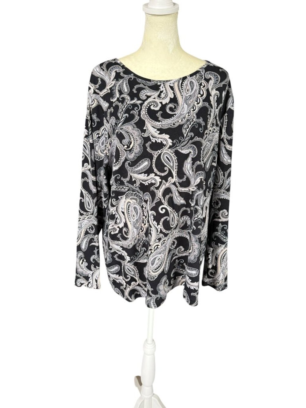 Croft & Barrow Classic Tee 2X black white cream paisley long sleeve top